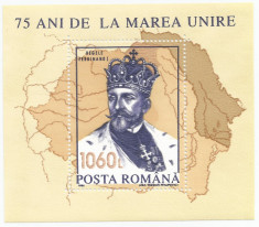 Romania, LP 1329, 75 de ani de la Marea Unire, coli?a dantelata cu eroare, MNH foto