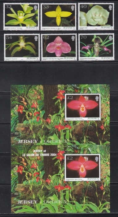 Jersey 2004 - Orhidee, Serie + Colita + Colita cu Supratipar &quot;JERSEY at LE SALON DU TIMBRE 2004&quot;, MNH