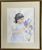 1990, Fetiță cu flori, acuarelă, 50x43, &icirc;nrămat profesionist, paspartu, sticlă, semnată Julia Wagner / gata de pus pe perete