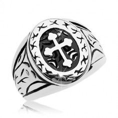 Inel argintiu, oțel chirurgical, oval mare cu cruce în trifoi - Marime inel: 60