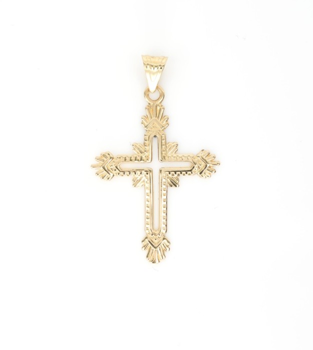 Pandantiv cruce din aur galben de 14k, cu detalii sculptate