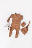 Cumpara ieftin Set 4 piese: bluza, pantaloni, caciulita si manusi din bumbac organic si modal - Maro, BabyCosy (Marime: 6-9 luni)