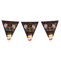 Ghirlandă Petrecere, Happy Birthday, 4.8m, 15 Bucăți, Stegulețe Folie, Negru Multicolor