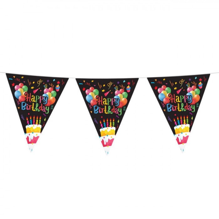 Ghirlandă Petrecere, Happy Birthday, 4.8m, 15 Bucăți, Stegulețe Folie, Negru Multicolor