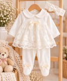 Cumpara ieftin Costumas bebelusi fete 3 piese alb cu dantela si fundite, bumbac 100% (Marime