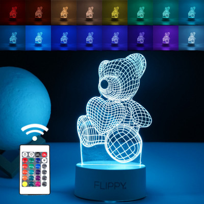 Lampa LED decorativa, Flippy, 3D, ursulet, din material acril si lumina multicolora, alb foto