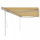 VidaXL Copertină retractabilă manual, cu st&acirc;lpi, galben și alb, 5x3 m