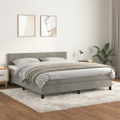 vidaXL Pat box spring cu saltea, gri deschis, 160x200 cm, catifea foto