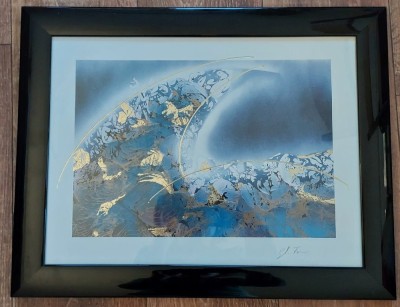 Tablou lucrare abstractă modernă, litografie offset color, cu foita aurie, semnată, &amp;icirc;n ramă neagră, 47x37 cm foto