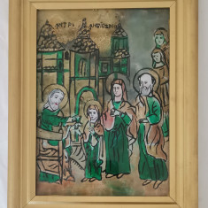 Icoana pictată pe sticla Intrarea Maicii Domnului in Biserica inramata 25x33cm
