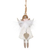 Ornament Brad Crăciun, Lemn, Inger cu Aripi Glitter Aurii, Corp Blana Alba si Pana Alba, 12 cm, Oem
