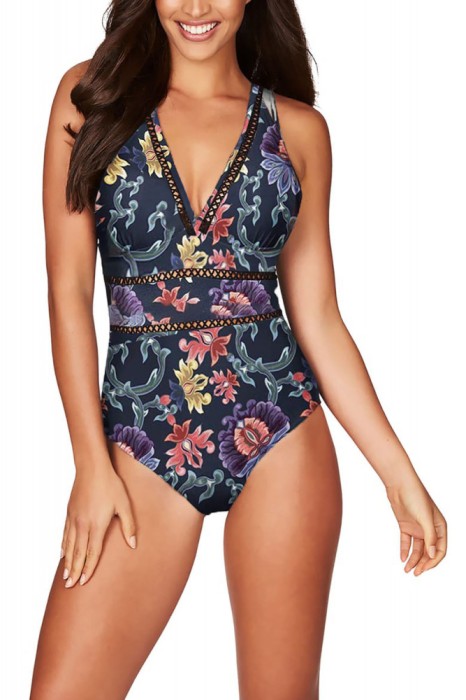 SW2163-100 Costum d baie intreg cu decolteu adanc in V si print floral