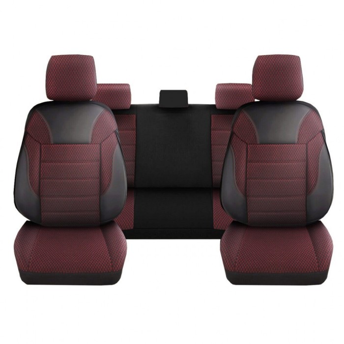 Set Huse Scaune Auto pentru Volkswagen T-Cross - DeluxeBoss Classico, pentru bancheta rabatabila fractionata, 11 piese, negru rosu