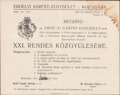 HST A692 Invitație Erdelyi Karpat Egyesulet EKE meghivo 1911 Cluj foto