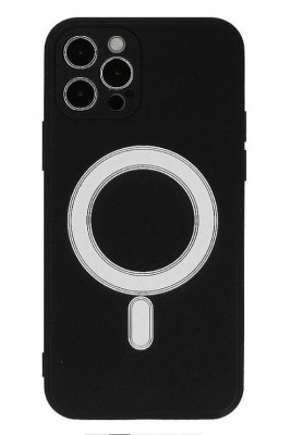 Husa iPhone 12 Pro Max din silicon cu MagSafe, silk touch, interior din catifea cu decupaje pentru camere, Negru foto