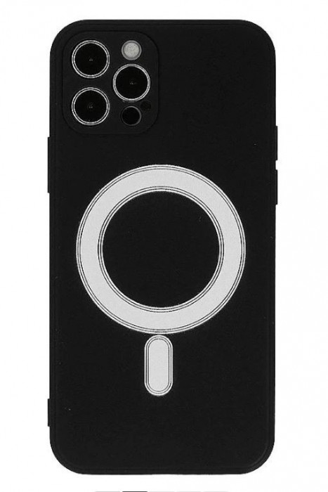 Husa iPhone 12 Pro din silicon cu MagSafe, silk touch, interior din catifea cu decupaje pentru camere, Negru