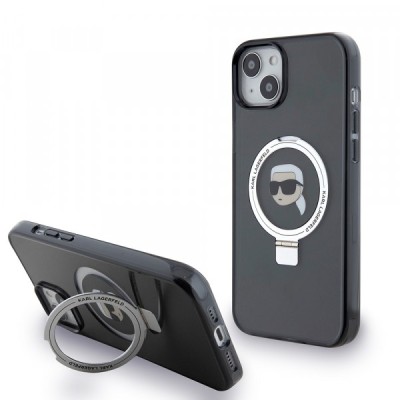 Husa MagSafe pentru Apple iPhone 15 Plus, Karl Lagerfeld, Ring Stand Karl&amp;#039;s Head, Neagra foto