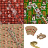 Set Hartie Ambalaj de Craciun Colorata cu Modele Panglici &amp; Felicitari 150x70cm