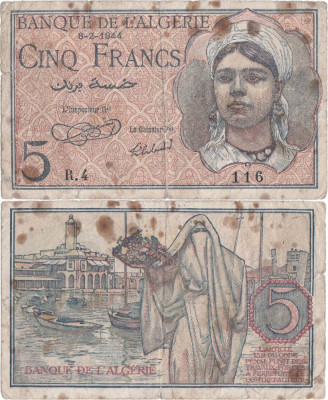 1944 ( 8 II ) , 5 francs ( P-94a ) - Algeria foto