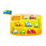 Puzzle din lemn cu butoni - Autovehicule de constructie, Hape