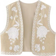 ivimos Vesta decupata din bumbac pentru femei, primavara, vara, fara maneci, broderie florala, cu fa?a deschisa, vintage, cardigan kaki-alb mic foto