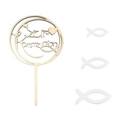 Set decoratiune pentru tort si 45 pestisori, lemn, natur, alb