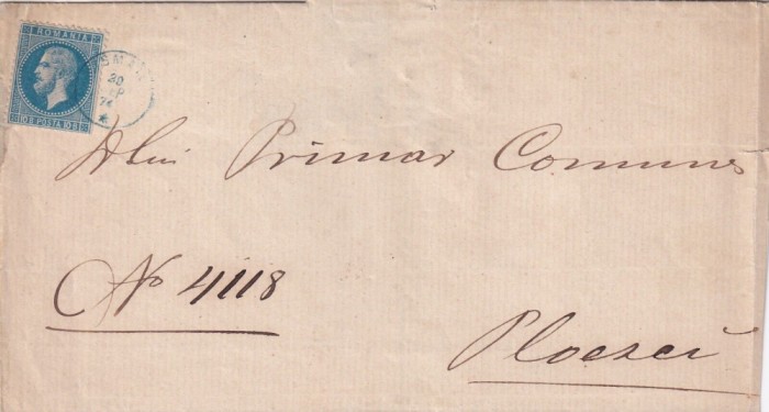ROMANIA - 1874 CAROL I 10B PARIS PE SCRISOARE STAMPILA DEGETAR RARA ISMAIL