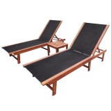 Set 2 Șezlonguri Plajă vidaXL Lemn Acacia, Masă Inclusă, Spătar Reglabil, Textilenă Neagră, 200x66x34 cm