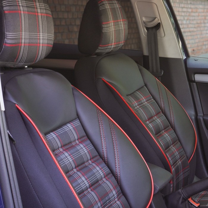 Set huse scaune textil si piele ecologica Opel Astra H Hatchback (2004-2014) Negru-Rosu