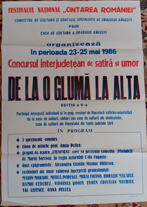 QW13 - Afise - tematica cultura - De la o gluma la alta - Bailesti - 1986