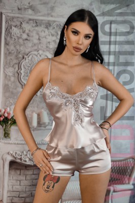 R871-102 Pijama casual din material satinat accesorizat cu broderie foto