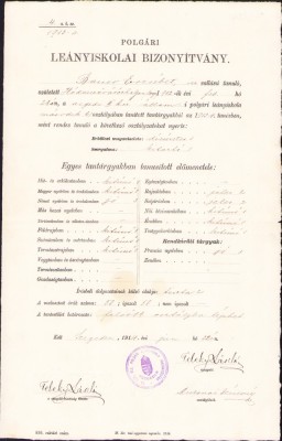 HST A850 Certificat școlar 1914 Școala civilă fete Szeged Ungaria foto