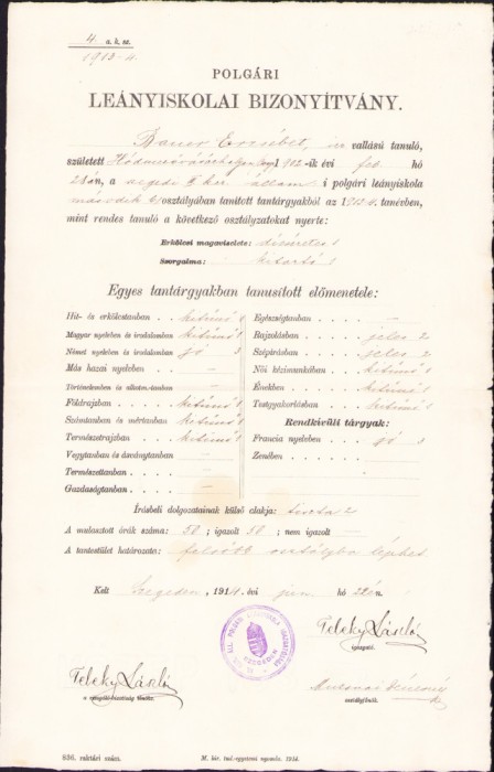 HST A850 Certificat școlar 1914 Școala civilă fete Szeged Ungaria