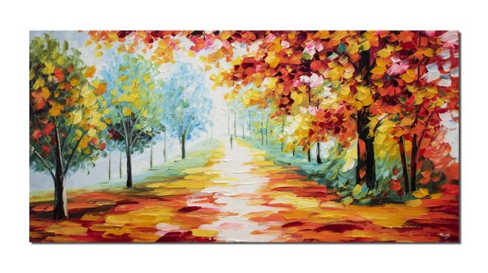 Tablou peisaj alee in parc pictat manual living, dormitor, Armonia naturii, 140x70cm ulei pe panza in cutit efect 3D, gata de agatat pe perete