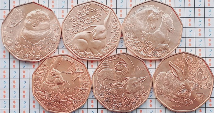 set 6 monede diferite Austria 5 euro 2016 - 2021 Sarbatorile de Pasti UNC - A033
