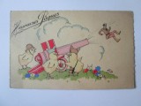 Carte postala umoristica franceza:Paste Fericit,scrisa in anii 20, Circulata, Franta, Printata