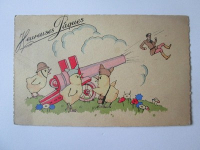 Carte postala umoristica franceza:Paste Fericit,scrisa in anii 20 foto
