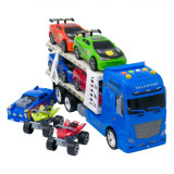Tir albastru cu platforma + 4 masini sport + 1 masina de curse + 2 ATV-uri multicolore, are lumini si sunete realiste, pentru copii , ATS + 5 ani