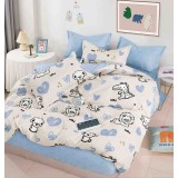 Lenjerie pat single,bumbac finet,4 piese,cearceaf normal,alba bleu cu desene-A841