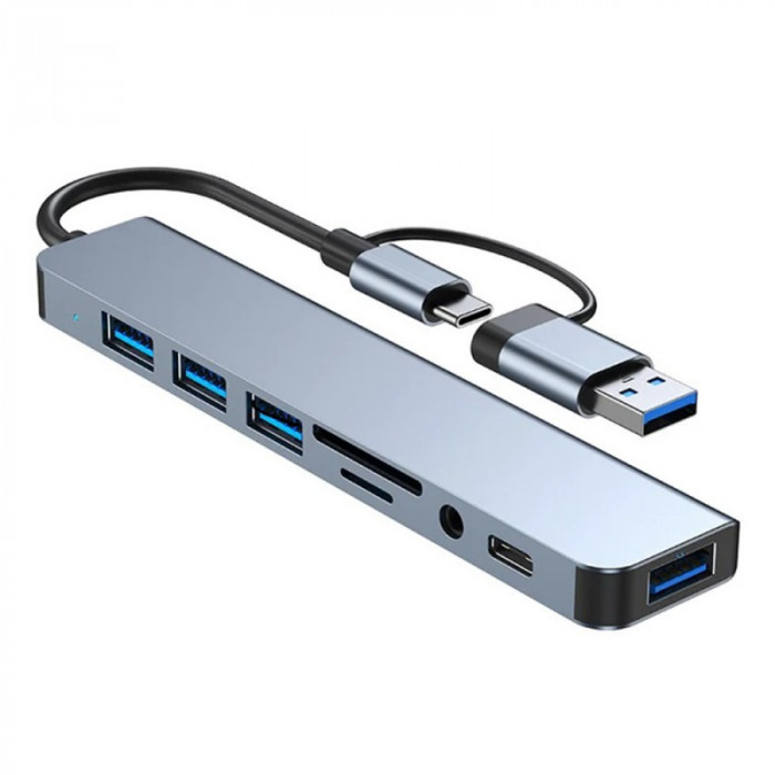 Adaptor Hub Multifunctional 8 In 2 Techstar&reg; CYC8IN2, USB-C, 2 X USB 3.0, 3 X USB 2.0, AUX 3.5 mm, Cititor De Carduri SD/TF, Argintiu