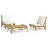 Set mobilier de gradina, cu perne alb crem, 3 piese, bambus