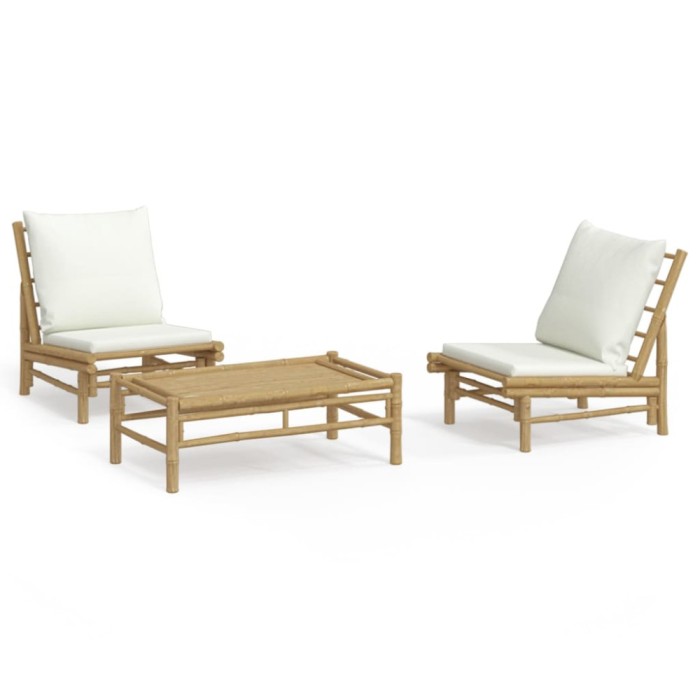 Set mobilier de gradina, cu perne alb crem, 3 piese, bambus