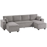 HOMCOM Colțar cu două chaise-longue, canapea &icirc;n formă de U din material cord cu șezut lat și ad&acirc;nc, perne cu arc, Gri deschis | Aosom Romania