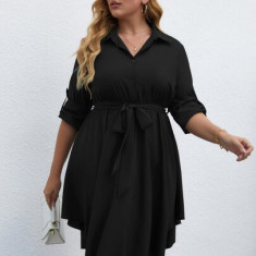 Rochie midi cu nasturi, guler, cordon in talie, decolteu, negru, dama