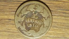 Honduras - raritate numismatica - 2 centavos 1910 (Mule) - batuta peste 1 centavo km#46 - extrem de greu de gasit, pentru cunoscatori