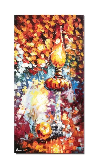 Tablou pictat manual hol, living, dormitor, Natura statica cu lampa, 80x40cm ulei pe panza in cutit efect 3D