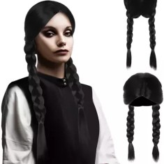 Perucă Lungă cu Țesele pentru Femei, Păr Sintetic, Negru, 55 cm Lungime