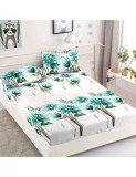 Set alb cu husa de pat si 2 fete de perna cu elastic, cu floricele albastre, pentru pat de 2 persoane, Home