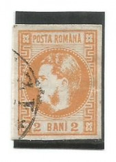 No(02)ROMANIA 1868-2 bani portocaliu-CAROL cu favoriti-stampilat cu sarniera foto