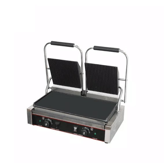Panini grătar contact grill dublu, striat &icirc;n partea de sus